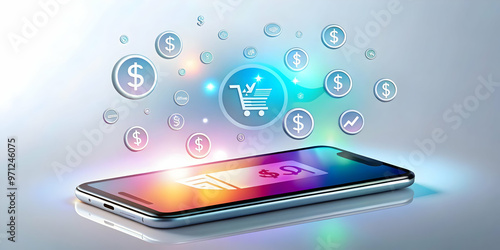 Flat Phone Displaying Holographic Financial Icons: Minimalistic Vector Illustration for Tech & Finance Promotions