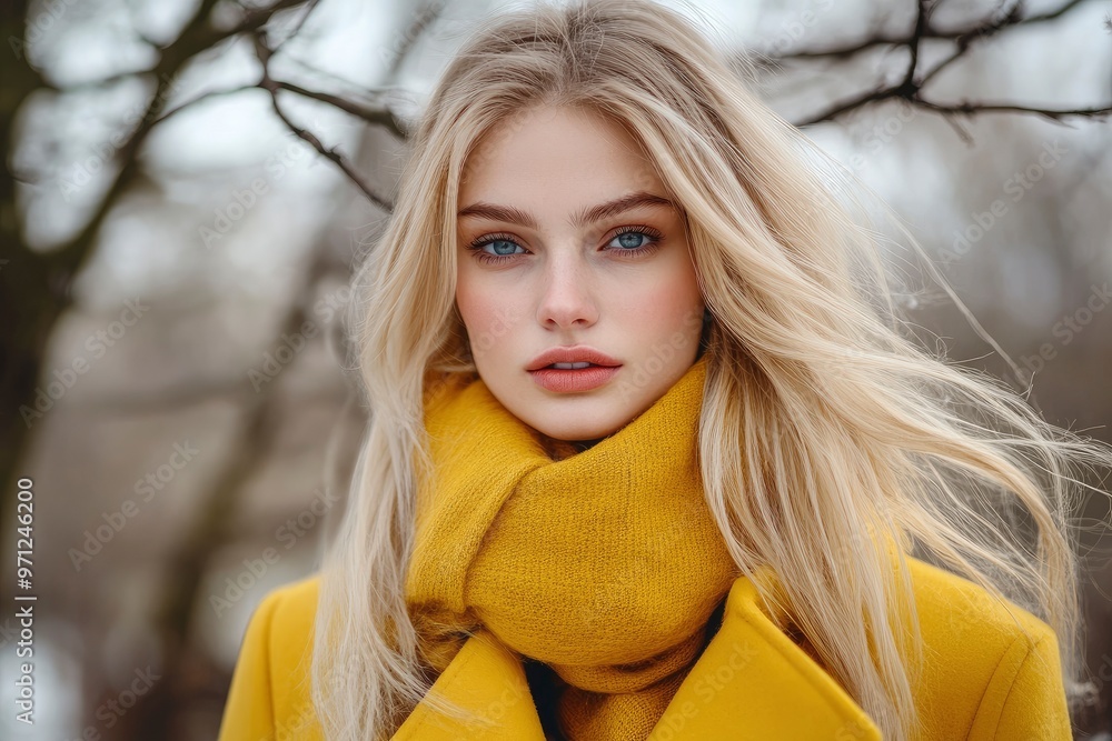 Naklejka premium Fashion portrait of beautiful blonde woman in yellow coat and scarf. Beauty winter fashion. Advertisement concept with generative ai