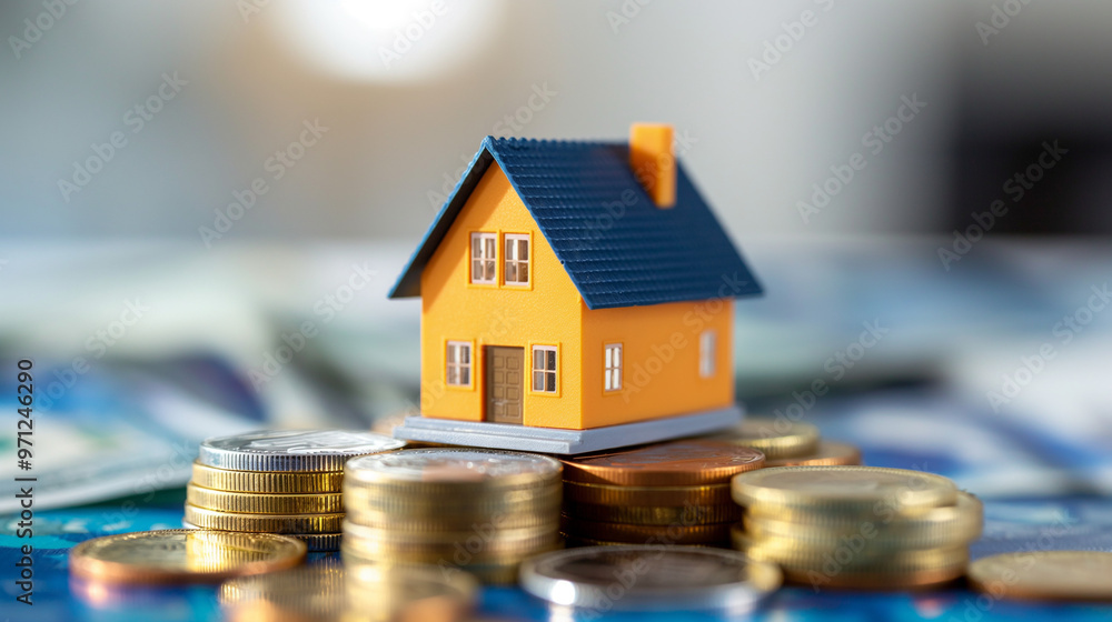 Small house model with yellow roof on a stack of coins, symbolizing real estate investment, financial growth, and savings concepts. Soft bokeh background with bright and clean focus. Small house model with yellow roof on a stack of coins, symbolizing real estate investment, financial growth, and savings concepts. Soft bokeh background with bright and clean focus.