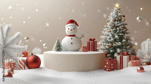 Snow-covered podium with a reindeer sleigh, Christmas tree, and gifts, featuring a snowman and a transparent bauble on a beige background, Cartoon 3D animation.