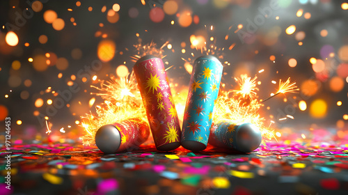 3D Glossy Background Featuring Vibrant Festival Firecrackers, Sparklers, and Rangoli Designs for Energetic Celebrations