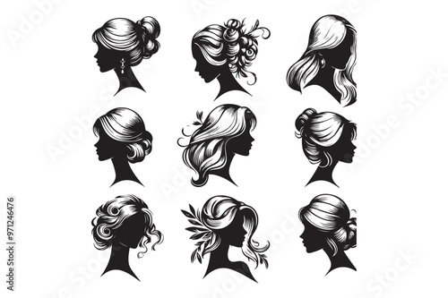 Female Profiles, Different Hairstyles, Cameo Silhouette, Woman Head Icon 24.eps