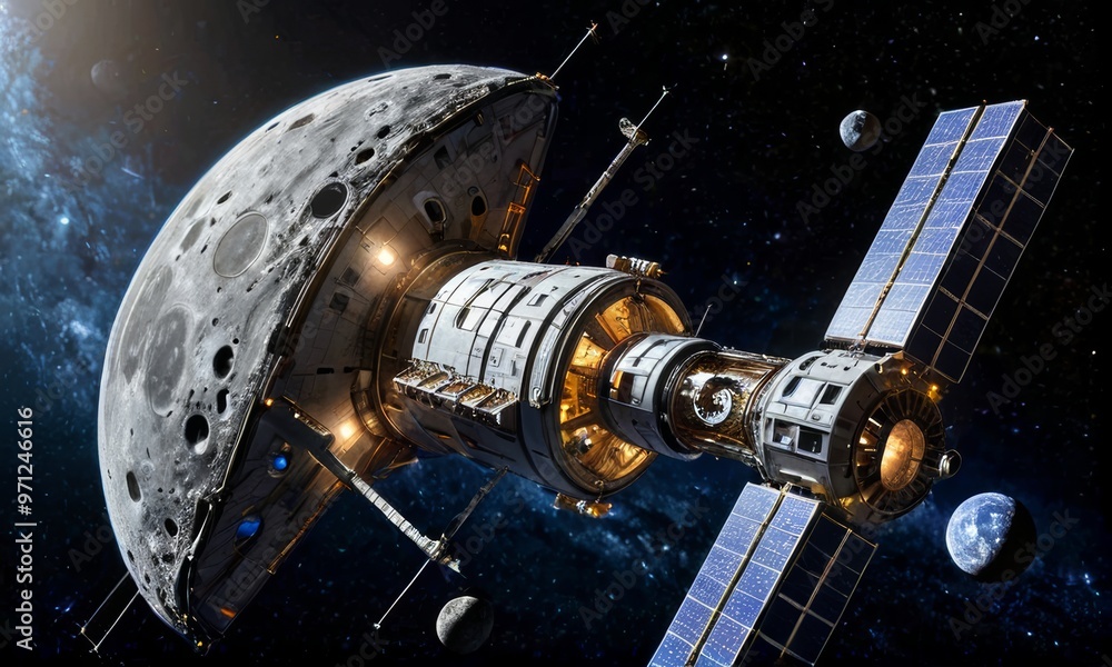 Advanced Space Station Orbiting the Moon In Galaxy Advanced Space Station Orbiting the Moon In Galaxy