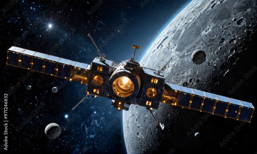 Advanced Space Station Orbiting the Moon In Galaxy Advanced Space Station Orbiting the Moon In Galaxy