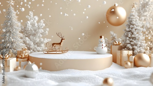 3D animated banner showcasing a snow-covered podium with a reindeer sleigh, tree, gifts, snowman, and a clear bauble on a beige background for Christmas and New Year.