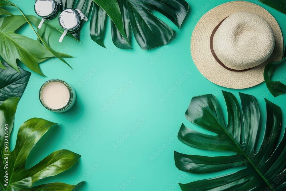 Flat lay composition with summer accessories and tropical leaves on color background with generative ai Flat lay composition with summer accessories and tropical leaves on color background with generative ai