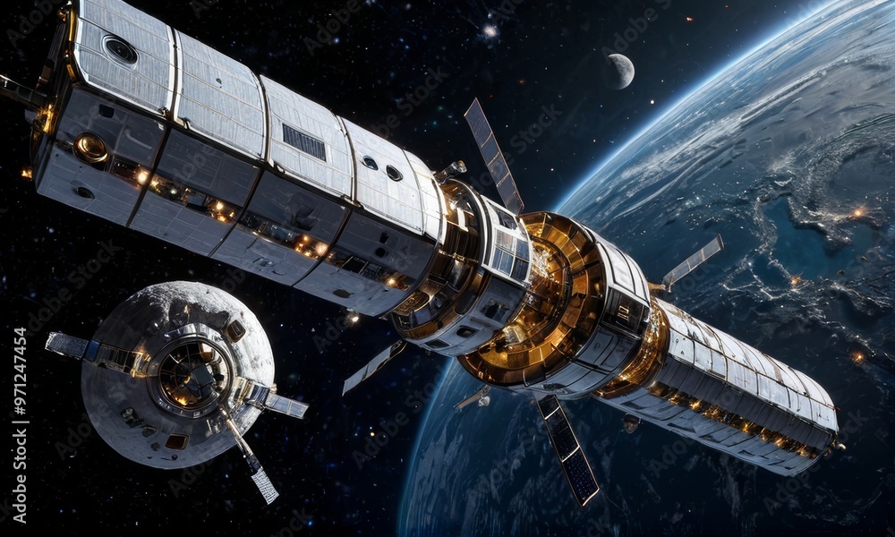 Obraz premium Advanced Space Station Orbiting the Moon In Galaxy