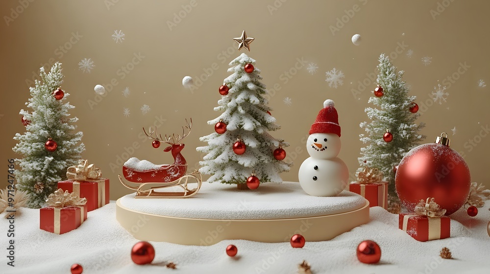 Festive 3D animation of a snow-covered podium with reindeer sleigh, Christmas tree, gifts, snowman, and a transparent bauble on beige background. Festive 3D animation of a snow-covered podium with reindeer sleigh, Christmas tree, gifts, snowman, and a transparent bauble on beige background.
