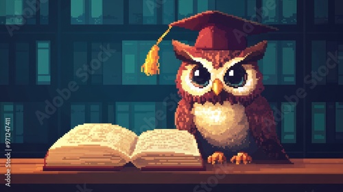 Retro 8-bit owl in a graduation cap, laying beside a book, symbolizing knowledge and education in a fun, pixelated art style. photo