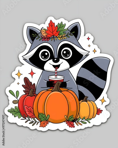 raccoon with drink among pumpkins sticker photo