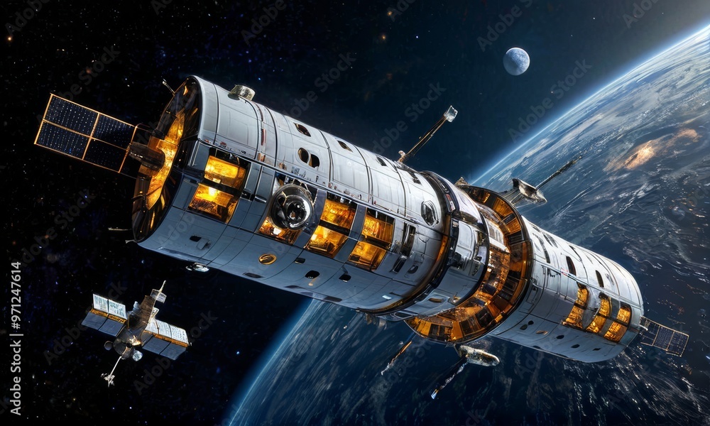 Fototapeta premium Advanced Space Station Orbiting the Moon In Galaxy