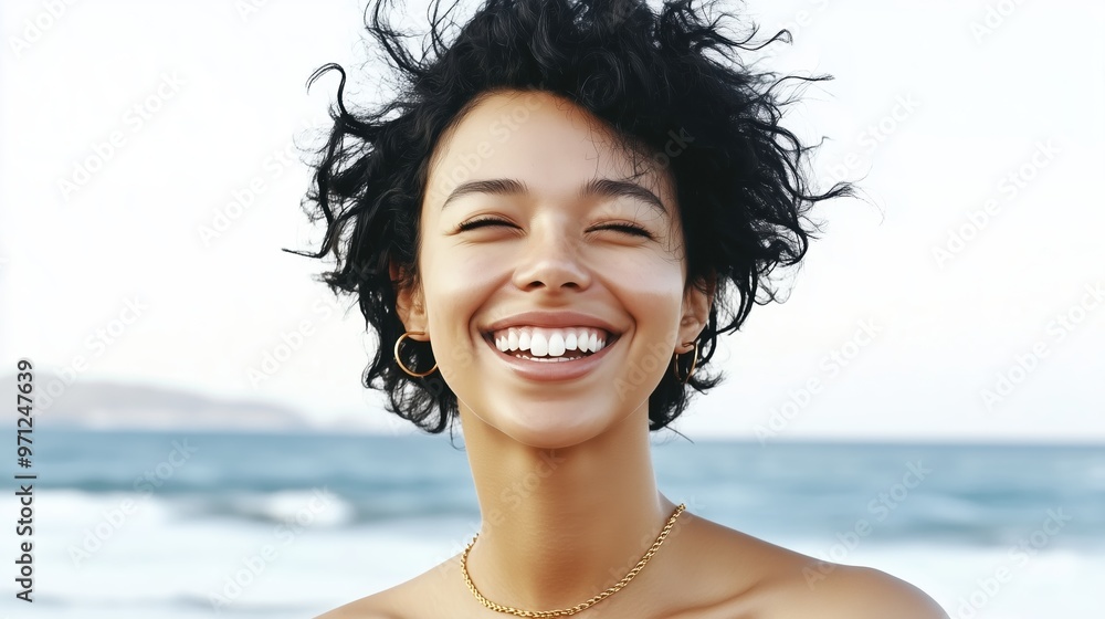 A stunning mixed-race woman with black hair smiling at the beach, wearing a stylish necklace and earrings, with the ocean in the background. The soft bokeh effect enhances the serene beach atmosphere, A stunning mixed-race woman with black hair smiling at the beach, wearing a stylish necklace and earrings, with the ocean in the background. The soft bokeh effect enhances the serene beach atmosphere,