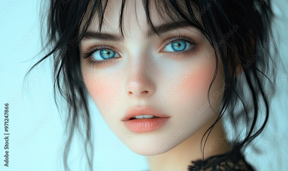 A close-up portrait of a young woman with long, dark hair and bright blue eyes, looking directly at the camera. She has rosy cheeks and a soft, natural look. A close-up portrait of a young woman with long, dark hair and bright blue eyes, looking directly at the camera. She has rosy cheeks and a soft, natural look.