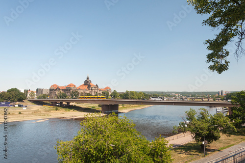 View of Carola Bridge over the Elbe River in Dresden, summertime photo