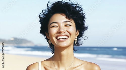 A stunning mixed-race woman with black hair smiling at the beach, wearing a stylish necklace and earrings, with the ocean in the background. The soft bokeh effect enhances the serene beach atmosphere,