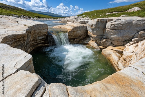 A river winding through a rocky landscape, with boulders and stones creating rapids and small waterfalls along the way