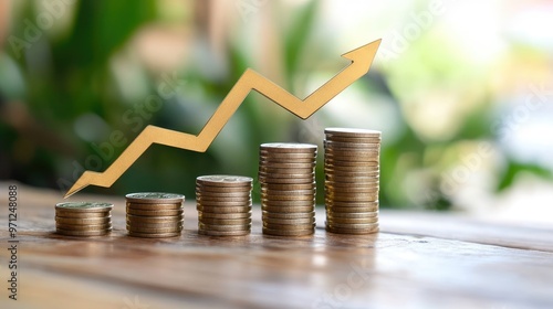 A golden arrow pointing upwards above a row of increasing stacks of coins on a wooden table.