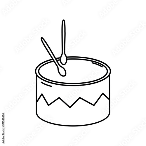 Drum doodle hand drawn vector illustration isolated on white background. Linear Musical Instrument for Rhythm, Drummer Sticks. Design Element for Card, Coloring book, Logo, Sound theme concept