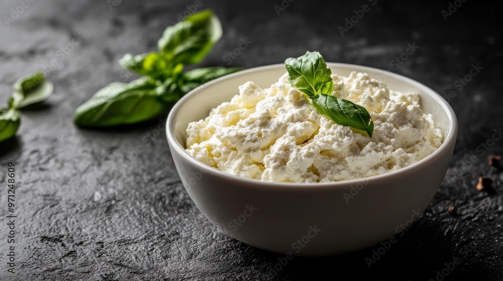Ricotta in bowl, black background, angled view. Ricotta in bowl, black background, angled view.