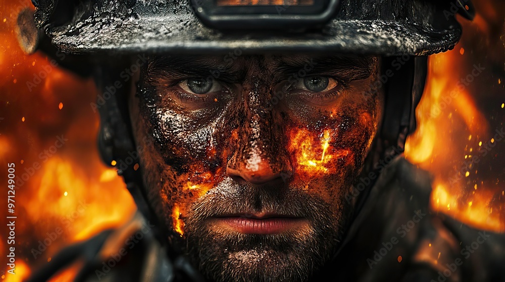 Close-up of a resolute firefighter, face smeared with soot, surrounded by flames, embodying bravery and resilience in danger. Close-up of a resolute firefighter, face smeared with soot, surrounded by flames, embodying bravery and resilience in danger.