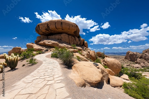 A rocky desert landscape, with scattered cacti and boulders that have been shaped by the harsh winds over time photo