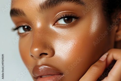 Close-up portrait of a beautiful individual showcasing flawless skin and captivating eyes with a gentle hand gesture.