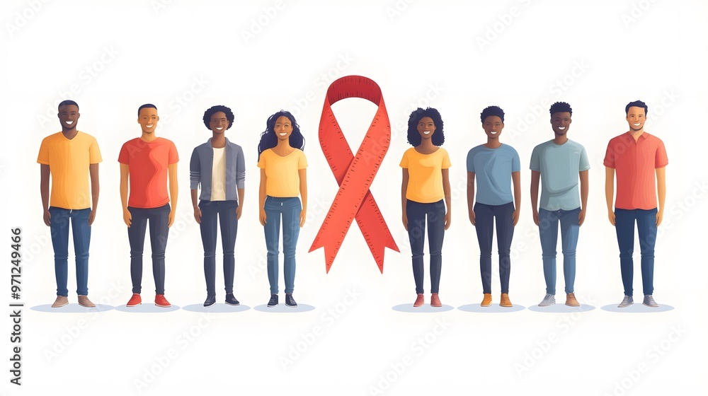 Obraz premium Diverse people and a red ribbon on a World AIDS Day banner, vector flat style with space for text.