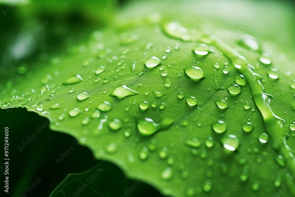 Close-up of water droplets on a green leaf Close-up of water droplets on a green leaf