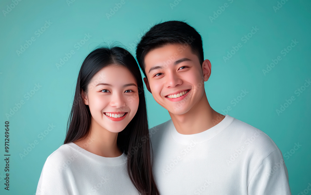 Portrait of cheerful asian young couple isolated over blue background and empty space for text. Portrait of cheerful asian young couple isolated over blue background and empty space for text.