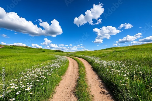 A rugged dirt road leading to a secluded hiking trail, surrounded by tall grass and wildflowers swaying in the breeze