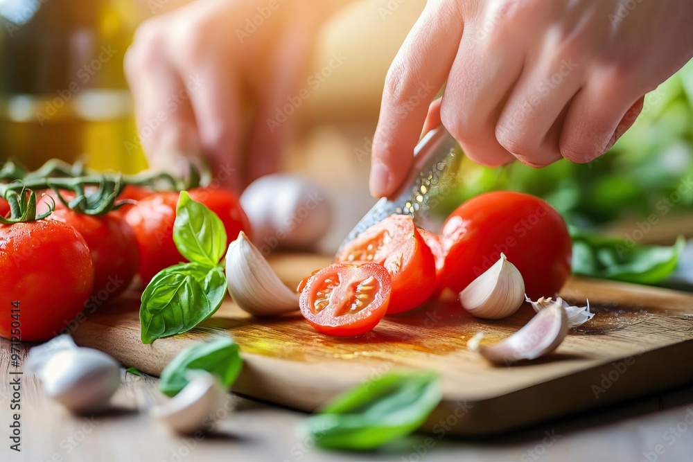 Fresh tomatoes and garlic being sliced on a wooden board, showcasing vibrant colors and a healthy cooking atmosphere. Fresh tomatoes and garlic being sliced on a wooden board, showcasing vibrant colors and a healthy cooking atmosphere.