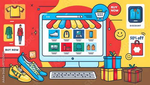 Online Shopping Spree: A vibrant illustration of a computer screen showcasing an online store, surrounded by colorful icons of clothing, shoes, gifts, and discounts, evoking the excitement of e-commer