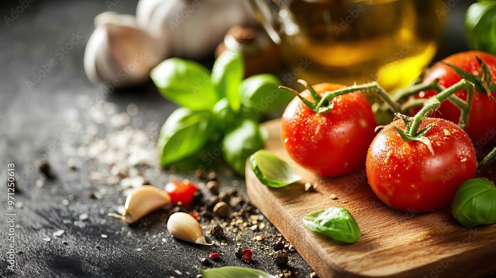Fresh tomatoes on a wooden board with basil, garlic, and olive oil, perfect for healthy cooking and vibrant meals. Fresh tomatoes on a wooden board with basil, garlic, and olive oil, perfect for healthy cooking and vibrant meals.