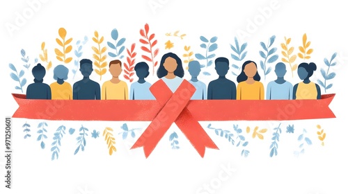 Vector flat design of a World AIDS Day banner with red ribbon, space for text, and inclusive individuals.