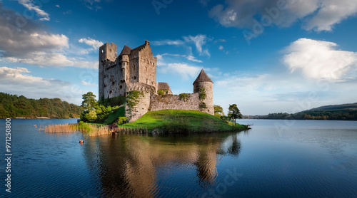 The ruins of a medieval castle on an island in the lake