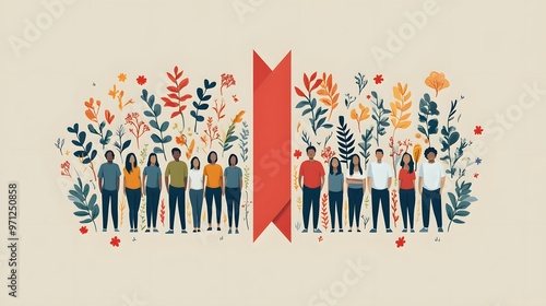 Diverse people on a World AIDS Day banner with red ribbon and room for text, vector flat design.