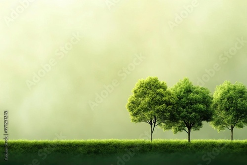 Serene green landscape featuring lush trees under a soft, misty background. Perfect for nature and tranquility themes. photo