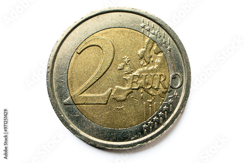Photos Macro photo of a two-euro coin on a white background