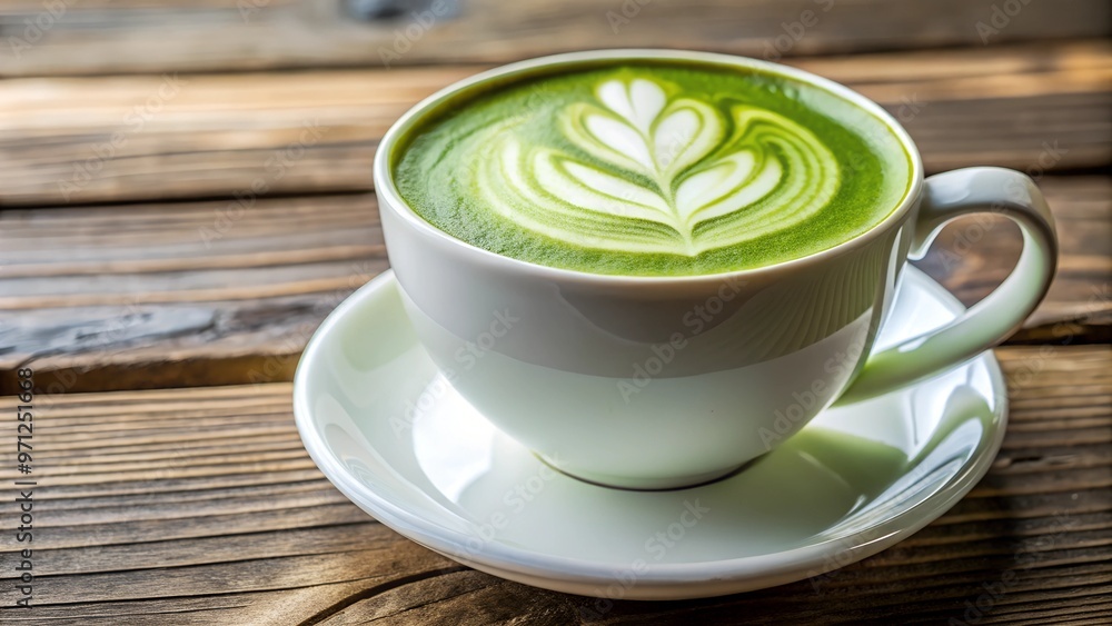 Close-up of a creamy matcha latte in a white cup, placed on a rustic wooden table. The latte art in the foam adds an elegant touch, perfect for beverage photography and café culture themes. Close-up of a creamy matcha latte in a white cup, placed on a rustic wooden table. The latte art in the foam adds an elegant touch, perfect for beverage photography and café culture themes.