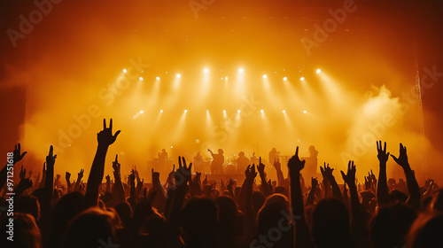 silhouette picture of music fans in music festival , orange light .