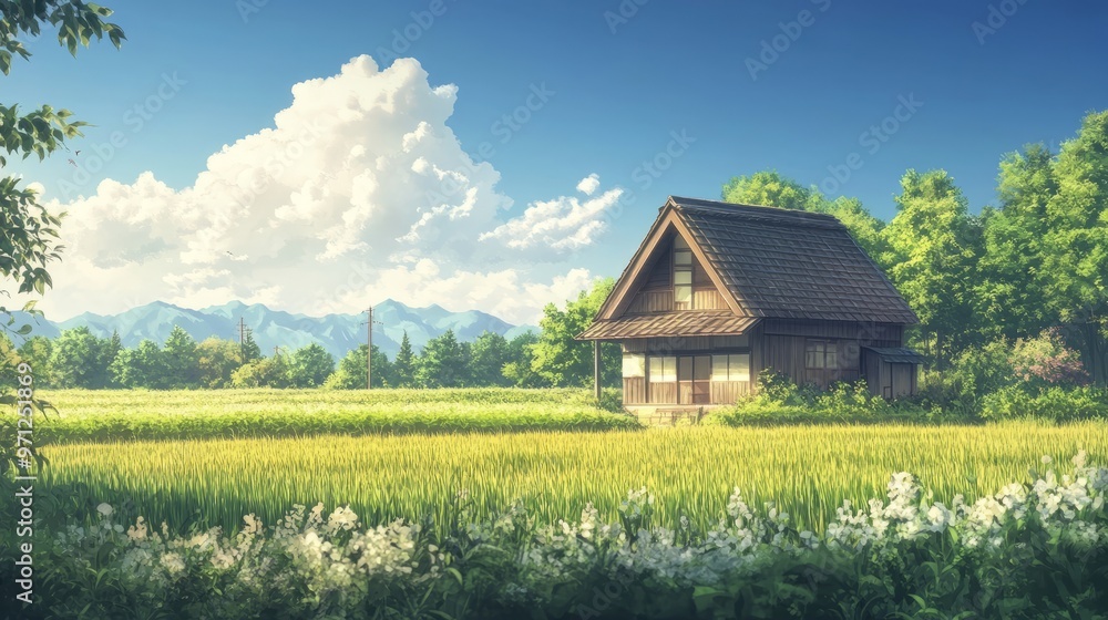 Idyllic Farmhouse in a Meadow of Wildflowers with Mountain View - Pastoral Bliss Idyllic Farmhouse in a Meadow of Wildflowers with Mountain View - Pastoral Bliss