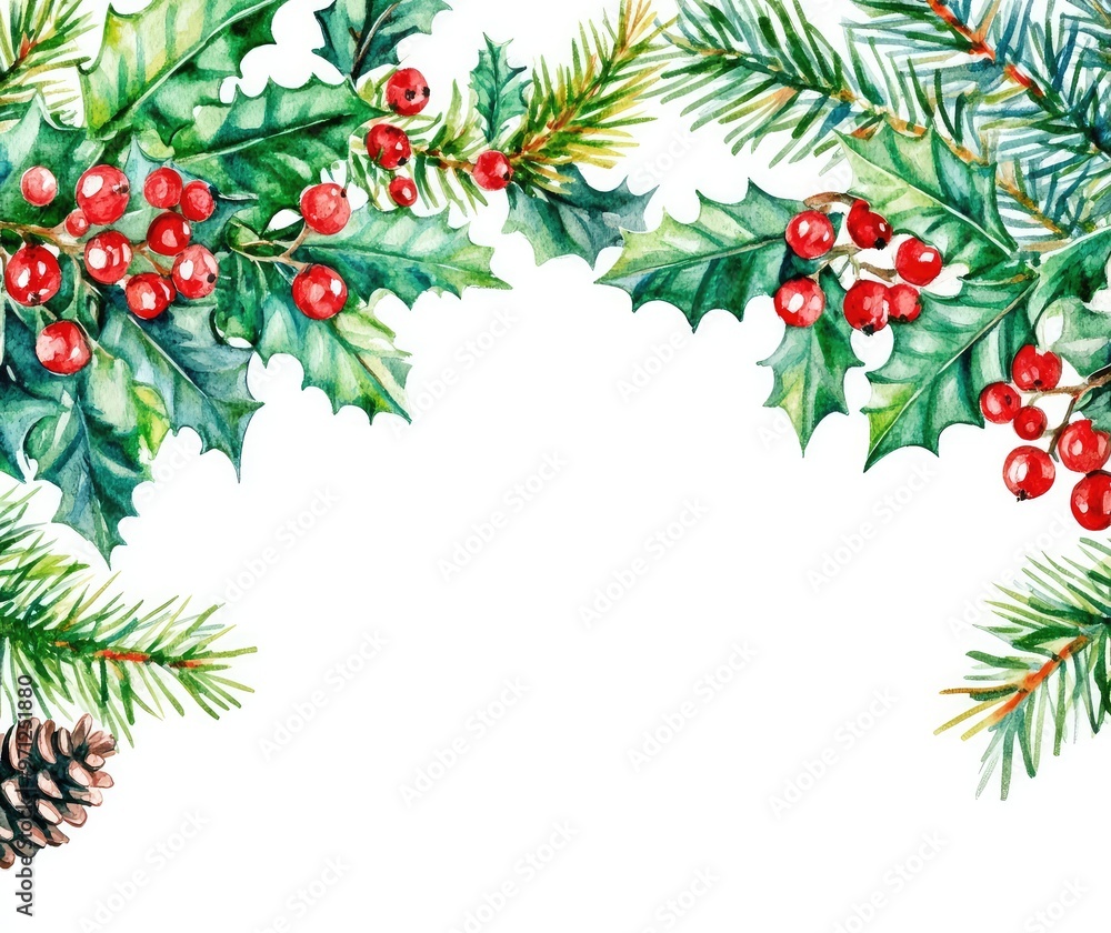 Naklejka premium A festive arrangement of holly leaves, berries, and pinecones for a cheerful holiday vibe, perfect for seasonal celebrations.