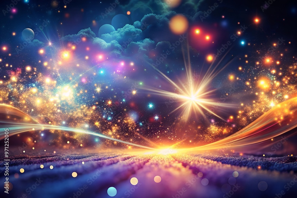 Obraz premium Magical neon background with colorful bokeh lights and sparkling particles in a starry sky, creating a dreamy, fantasy-like atmosphere. Perfect for themes related to magic, wonder, and fantasy.