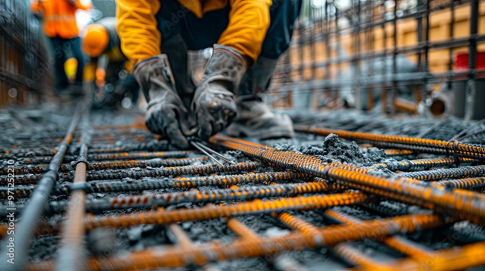Construction Worker Adjusting Rebar in Concrete Foundation Construction Worker Adjusting Rebar in Concrete Foundation