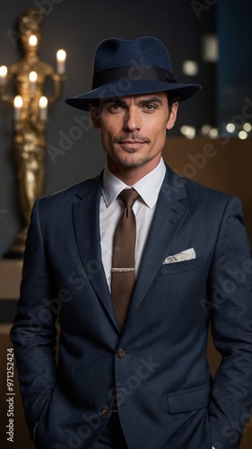 Young Caucasian man with short dark hair wearing navy blue suit, white shirt, and red tie standing in front of blurred background