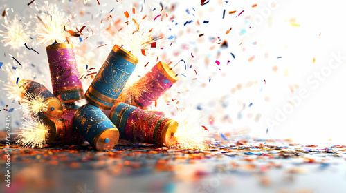 3D Glossy Background with Festival Firecrackers: Vibrant Colors, Sparklers, and Rangoli Designs Captured in Dynamic Reflections