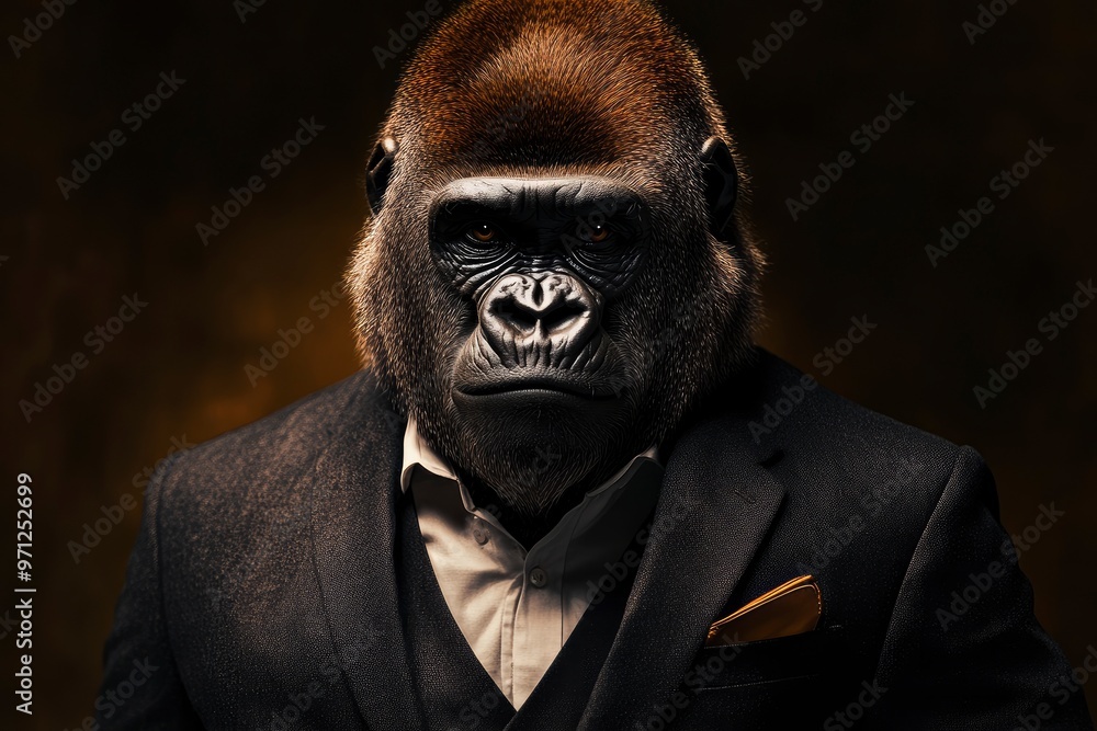Gorilla like a human in suit. Portrait of a strong gorilla in a suit on a dark background with generative ai Gorilla like a human in suit. Portrait of a strong gorilla in a suit on a dark background with generative ai