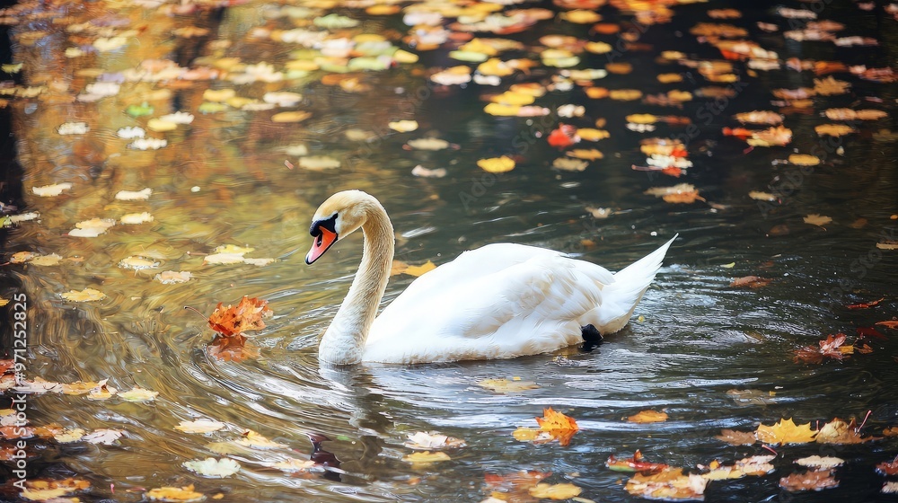 Fototapeta premium White Swan Swimming in a Lake with Fallen Autumn Leaves