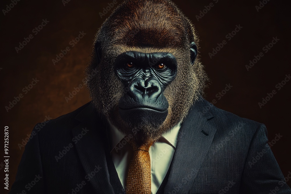 Gorilla like a human in suit. Portrait of a strong gorilla in a suit on a dark background with generative ai Gorilla like a human in suit. Portrait of a strong gorilla in a suit on a dark background with generative ai