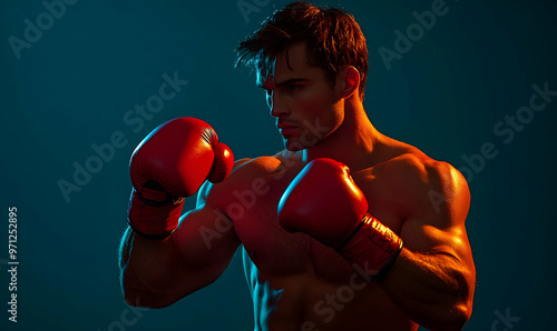 man topless with sport shorts punching boxing pear surrounded by light photo